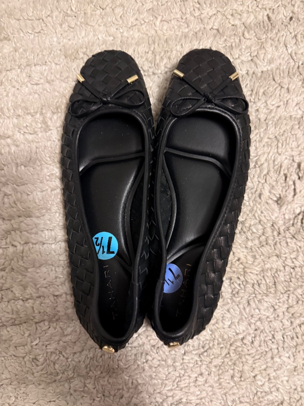 Tahari Black Woven Ballet Flats with Bow and Gold Accents